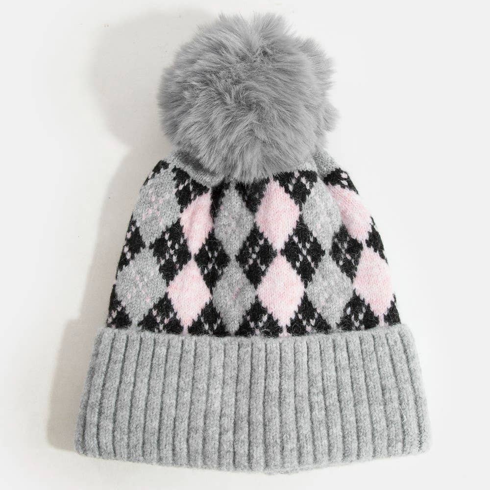 Women’s Argyle Knit Pom Beanie – Gray & Pink