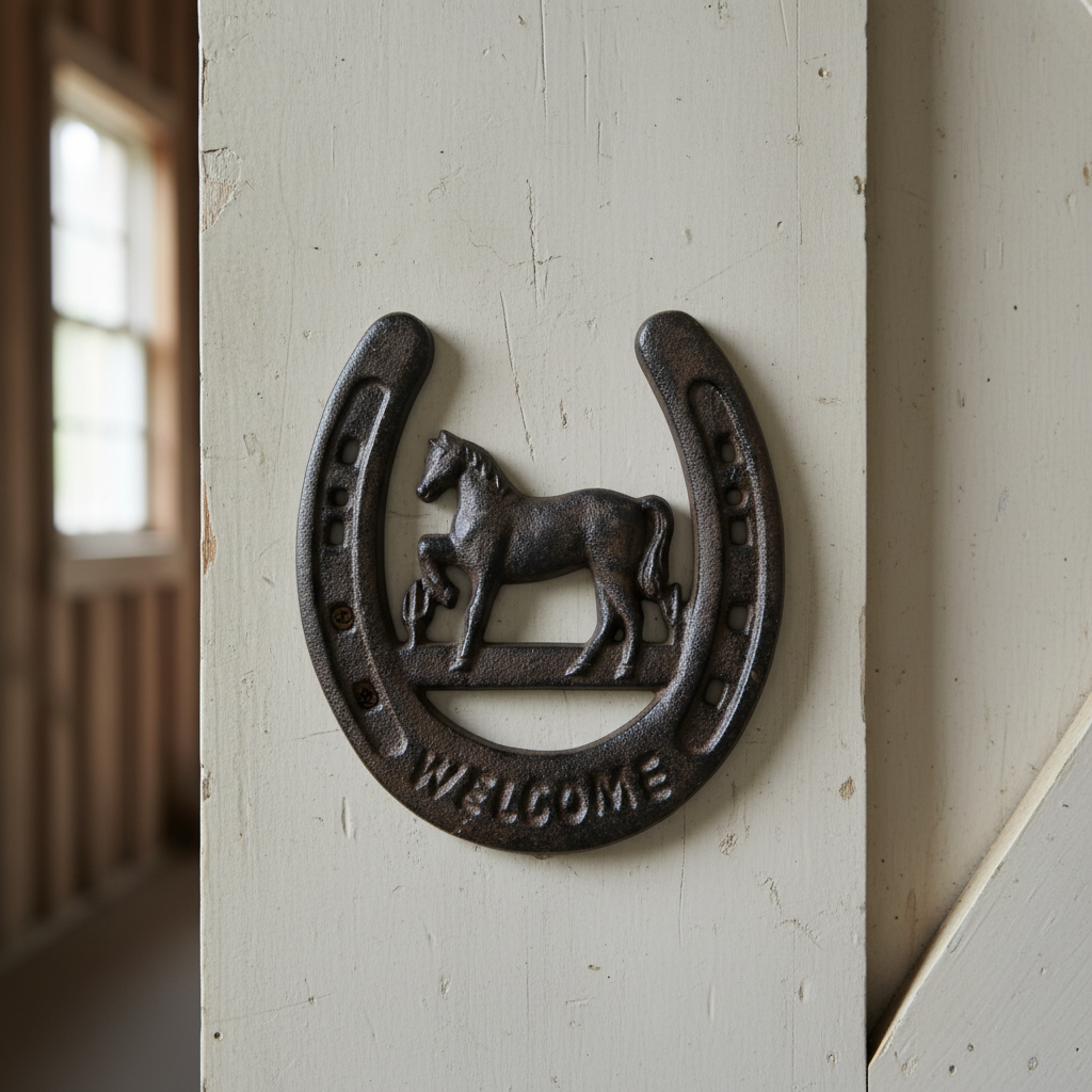 Horseshoe Welcome Sign with Horse – Cast Iron Western Ranch Wall Décor, 7.3"