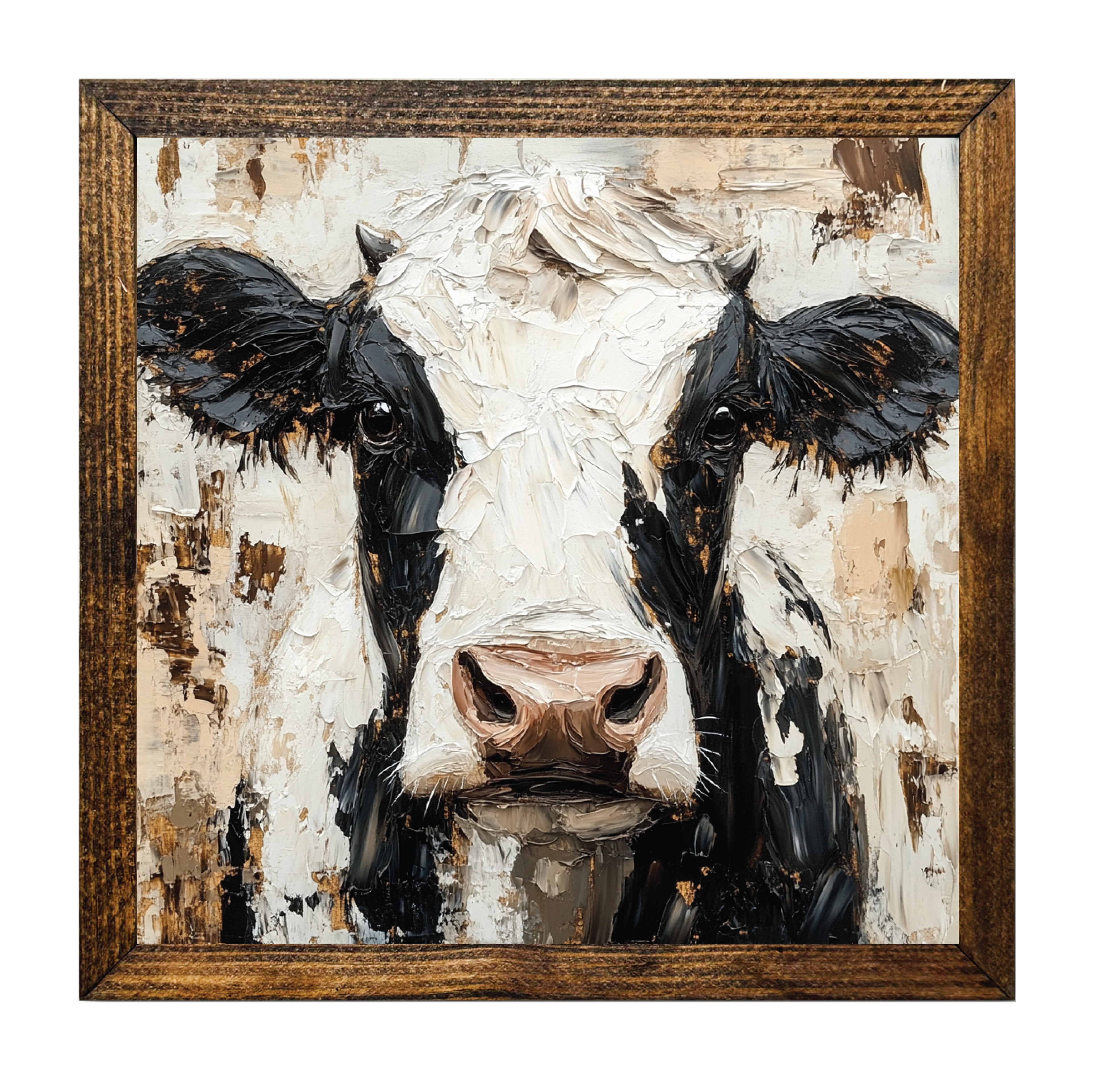 Black & White Cow Palette Knife Wall Art – Rustic Framed Farmhouse Decor (16" x 16")