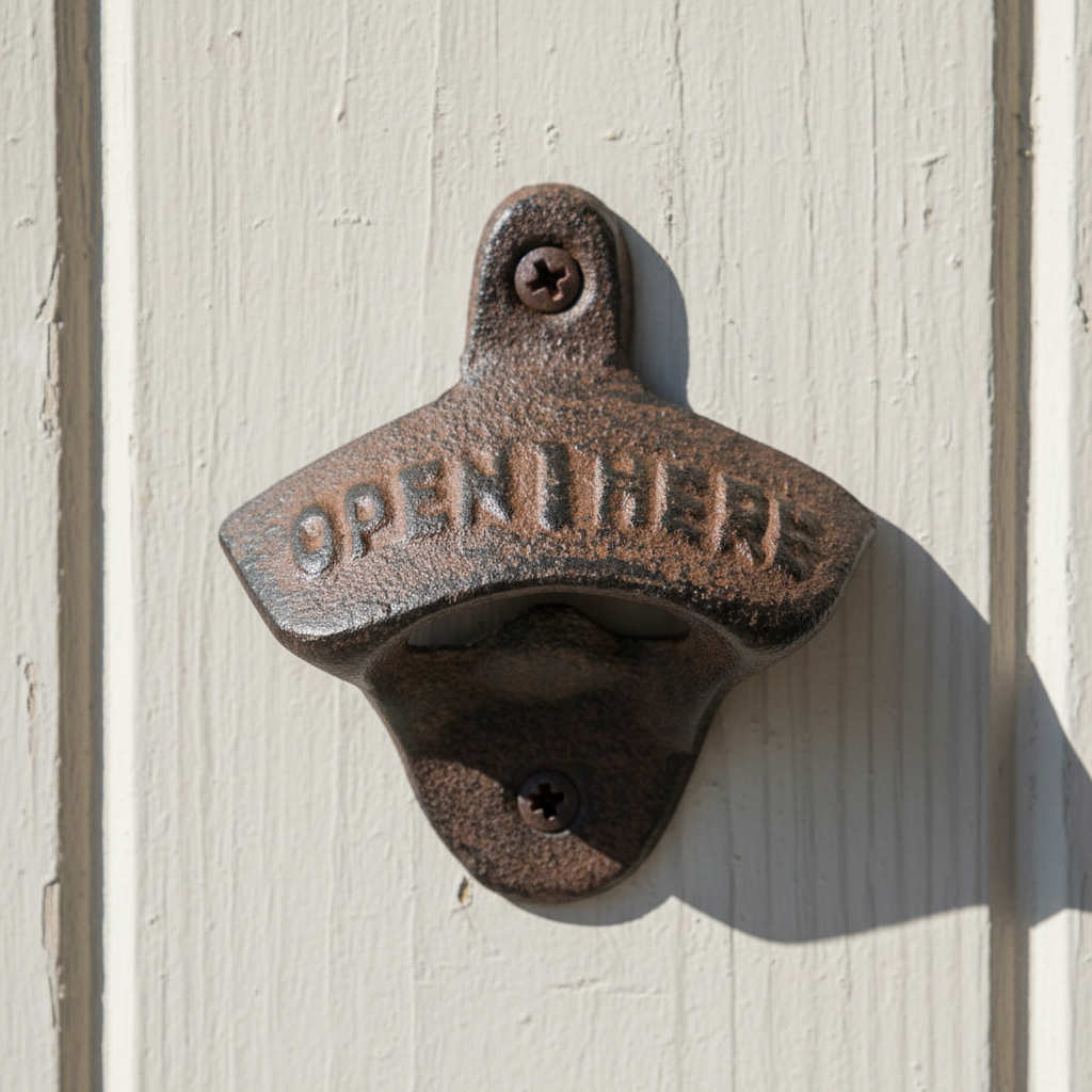 Cast Iron "Open Here" Wall Bottle Opener – Rustic Farmhouse Bar & Kitchen Décor, 3.1"