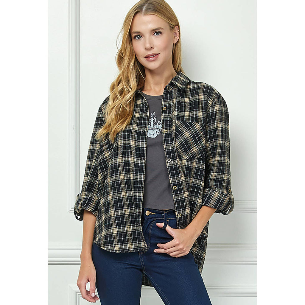 Black & Tan Plaid Roll-Sleeve Flannel Shirt