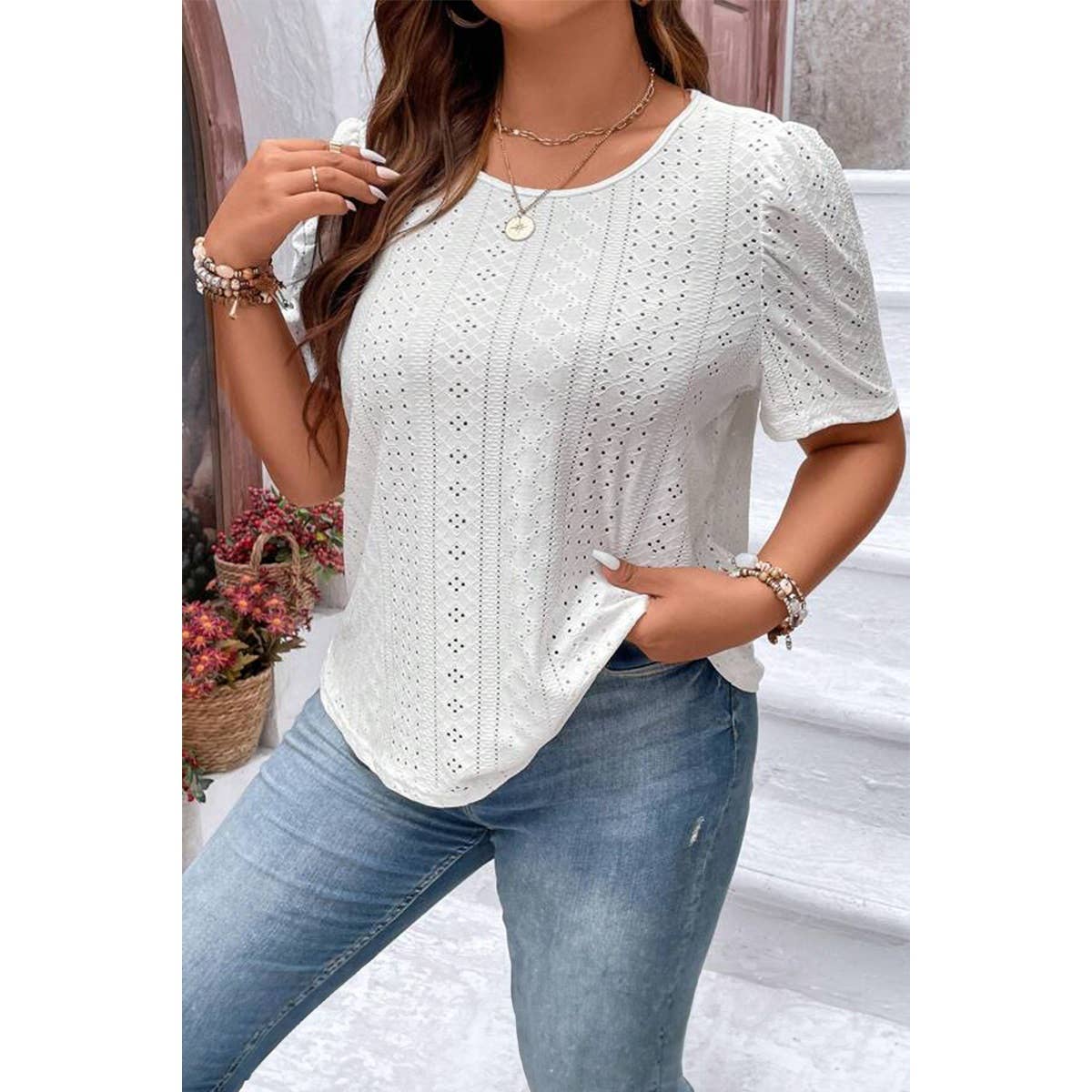 Plus Size Puff Sleeve Textured Top – White