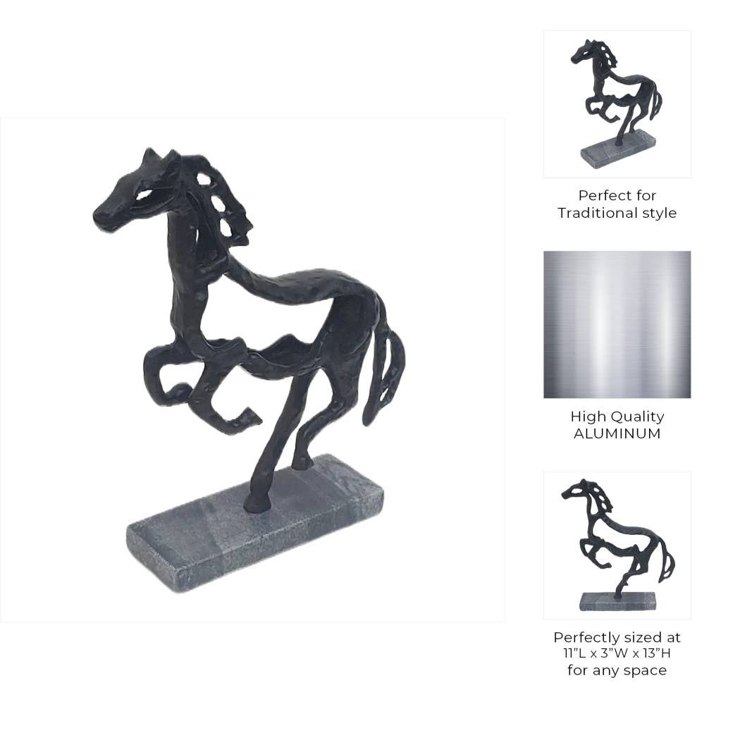 Black Galloping Horse Sculpture on Stone Base – 14"