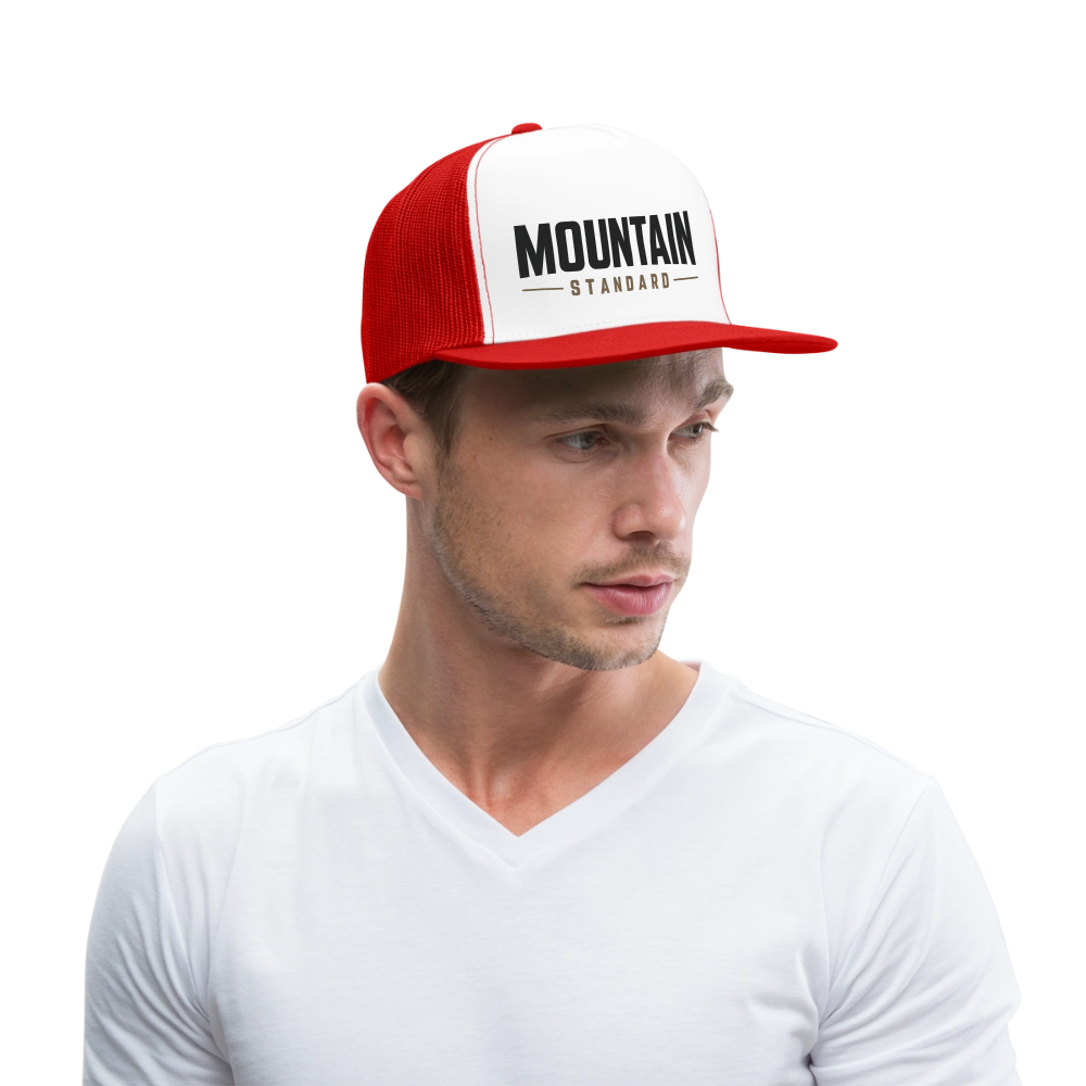 MOUNTAIN STANDARD™ Tehachapi California Premium Snapback Trucker Hat - white/red