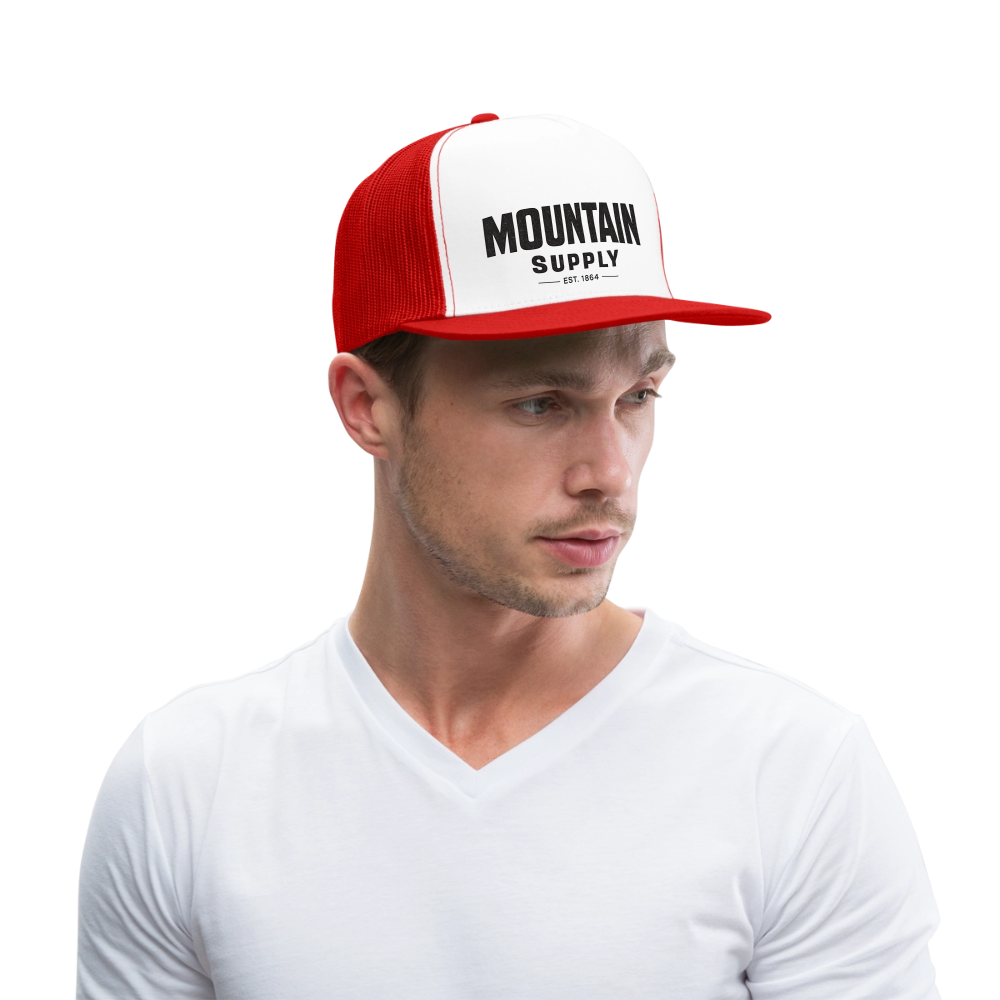 MOUNTAIN SUPPLY™ Tehachapi California Premium Snapback Trucker Hat - white/red