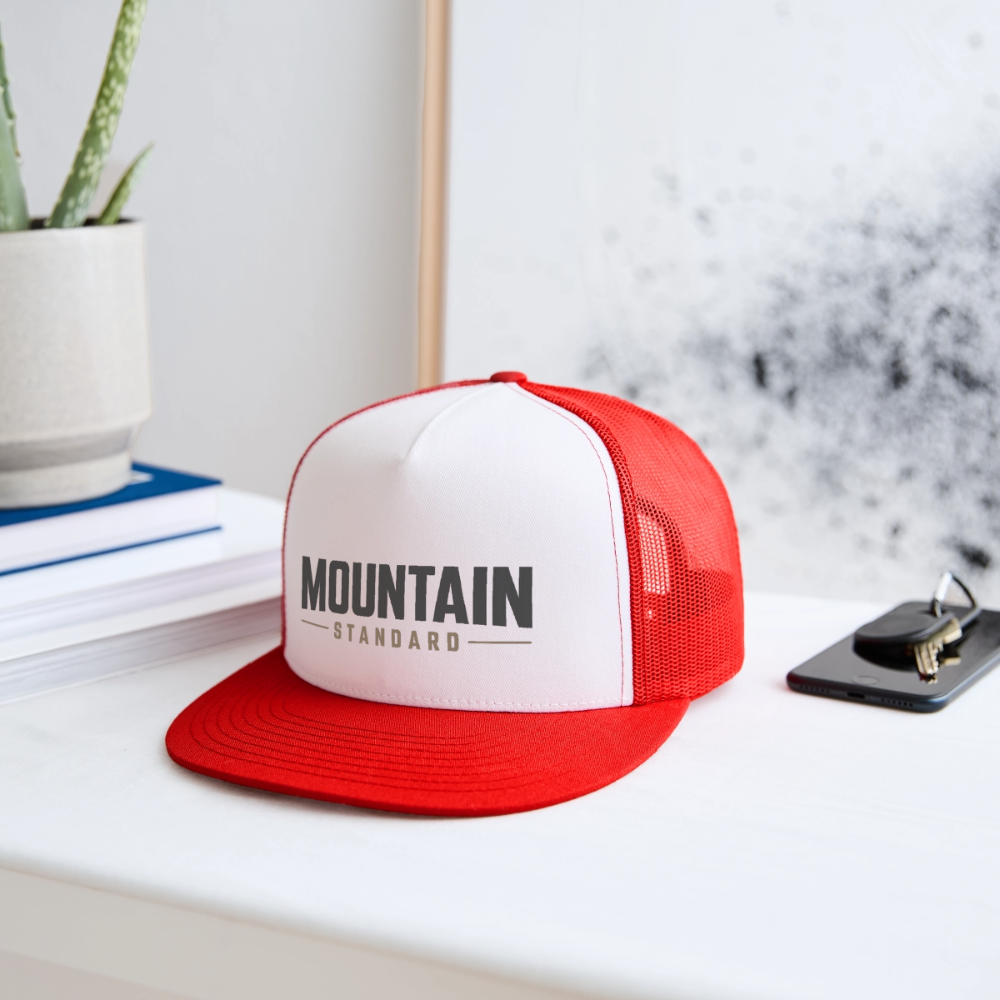 MOUNTAIN STANDARD™ Tehachapi California Premium Snapback Trucker Hat - white/red