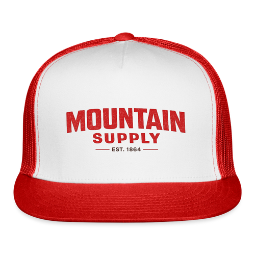 MOUNTAIN SUPPLY™ Tehachapi California Premium Red Snapback Trucker Hat - white/red