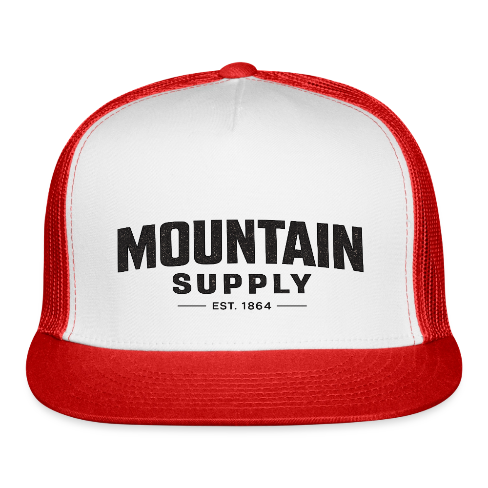 MOUNTAIN SUPPLY™ Tehachapi California Premium Snapback Trucker Hat - white/red