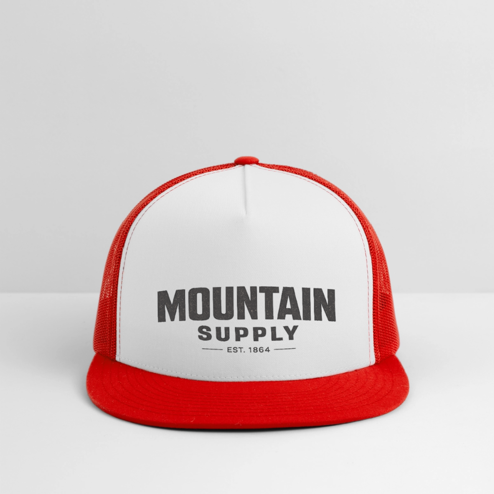 MOUNTAIN SUPPLY™ Tehachapi California Premium Snapback Trucker Hat - white/red