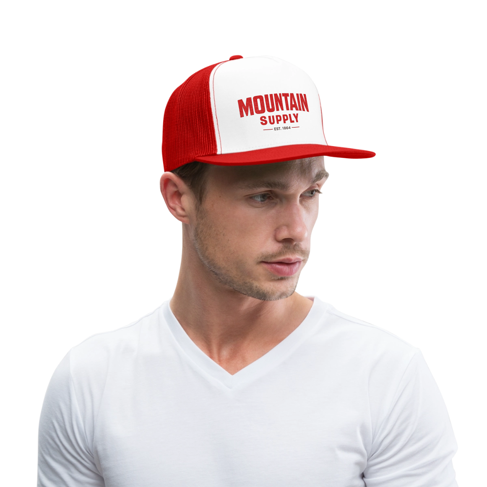 MOUNTAIN SUPPLY™ Tehachapi California Premium Red Snapback Trucker Hat - white/red
