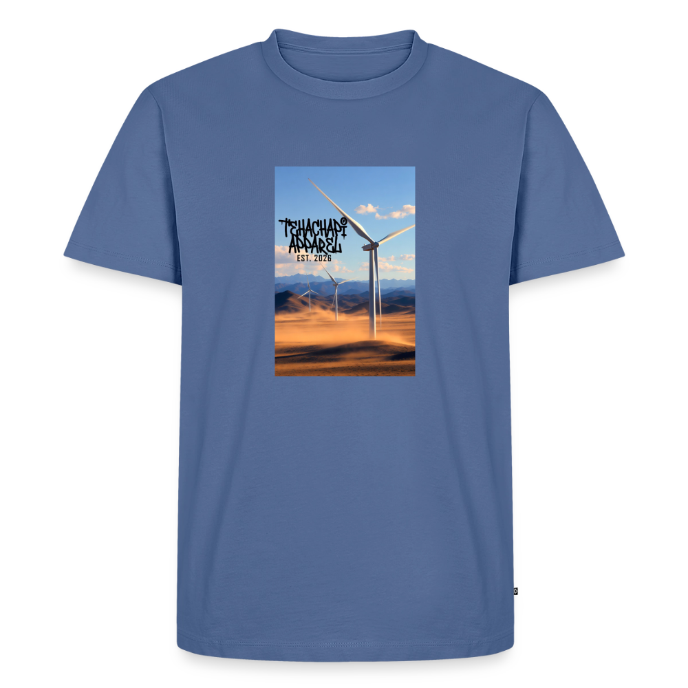 Tehachapi Power – Wind Turbine Landscape Print  Men's Premium T-Shirt - stone blue 