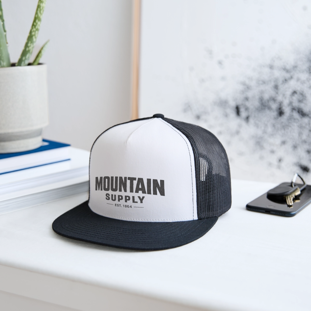 MOUNTAIN SUPPLY™ Tehachapi California Premium Snapback Trucker Hat - white/black