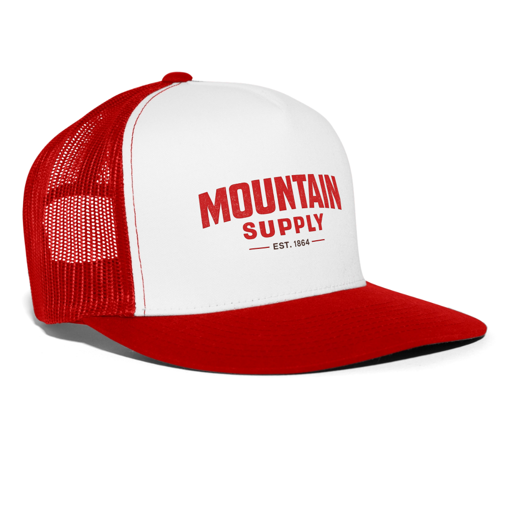 MOUNTAIN SUPPLY™ Tehachapi California Premium Red Snapback Trucker Hat - white/red