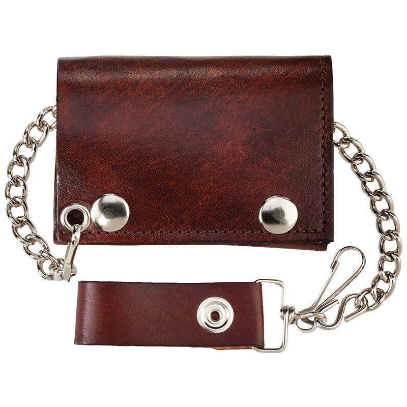 USA-Made Antiqued Brown Leather Trifold Chain Wallet