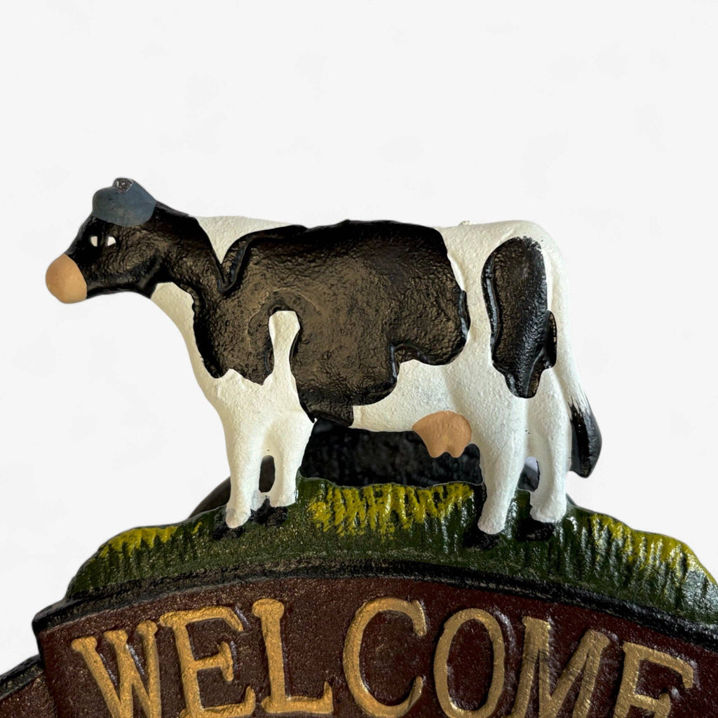 Cast Iron Cow Welcome Bell Sign – Farmhouse Door Bell & Rustic Wall Décor, 7.3"