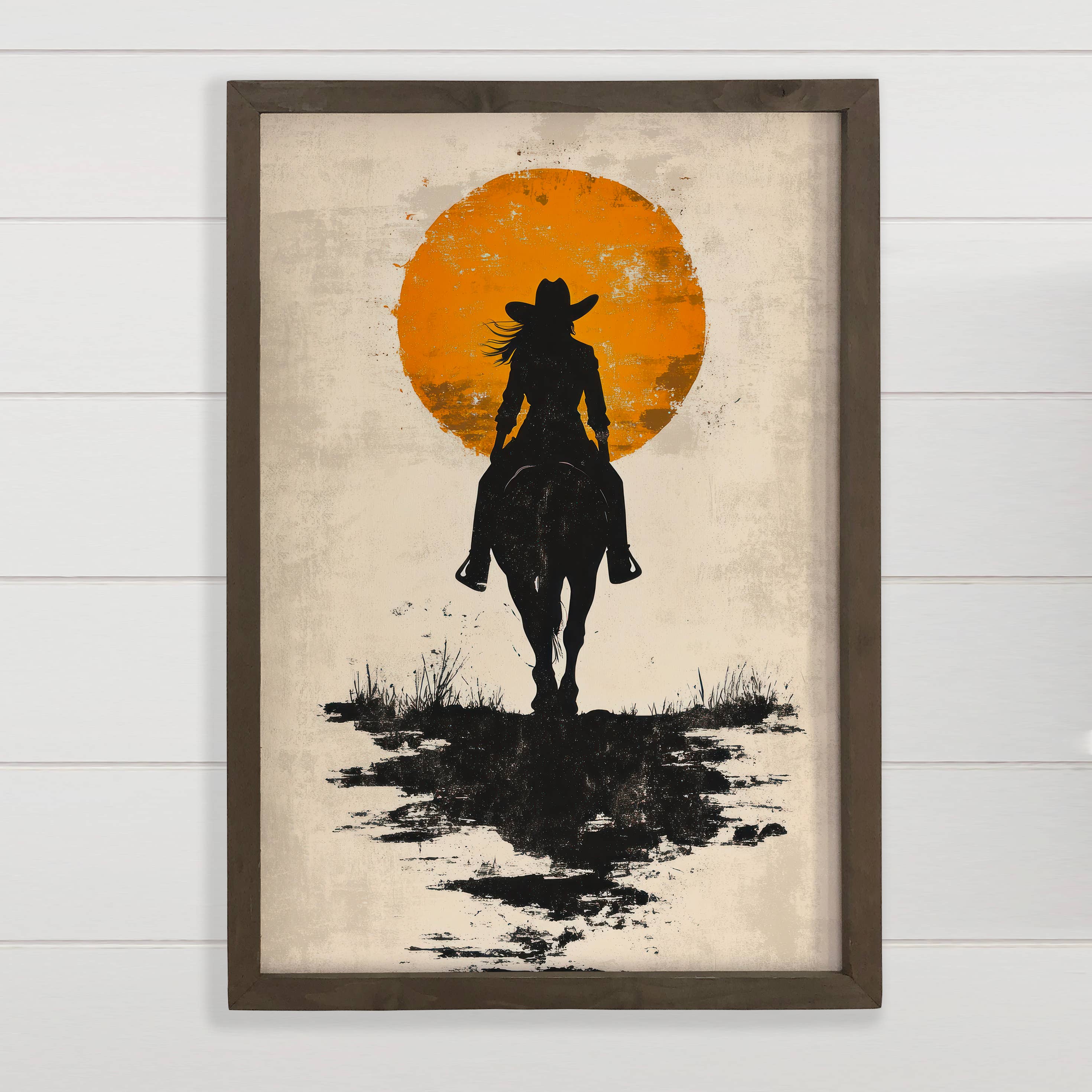 Cowgirl Sunset Silhouette - Ranch House Entryway Wall Art