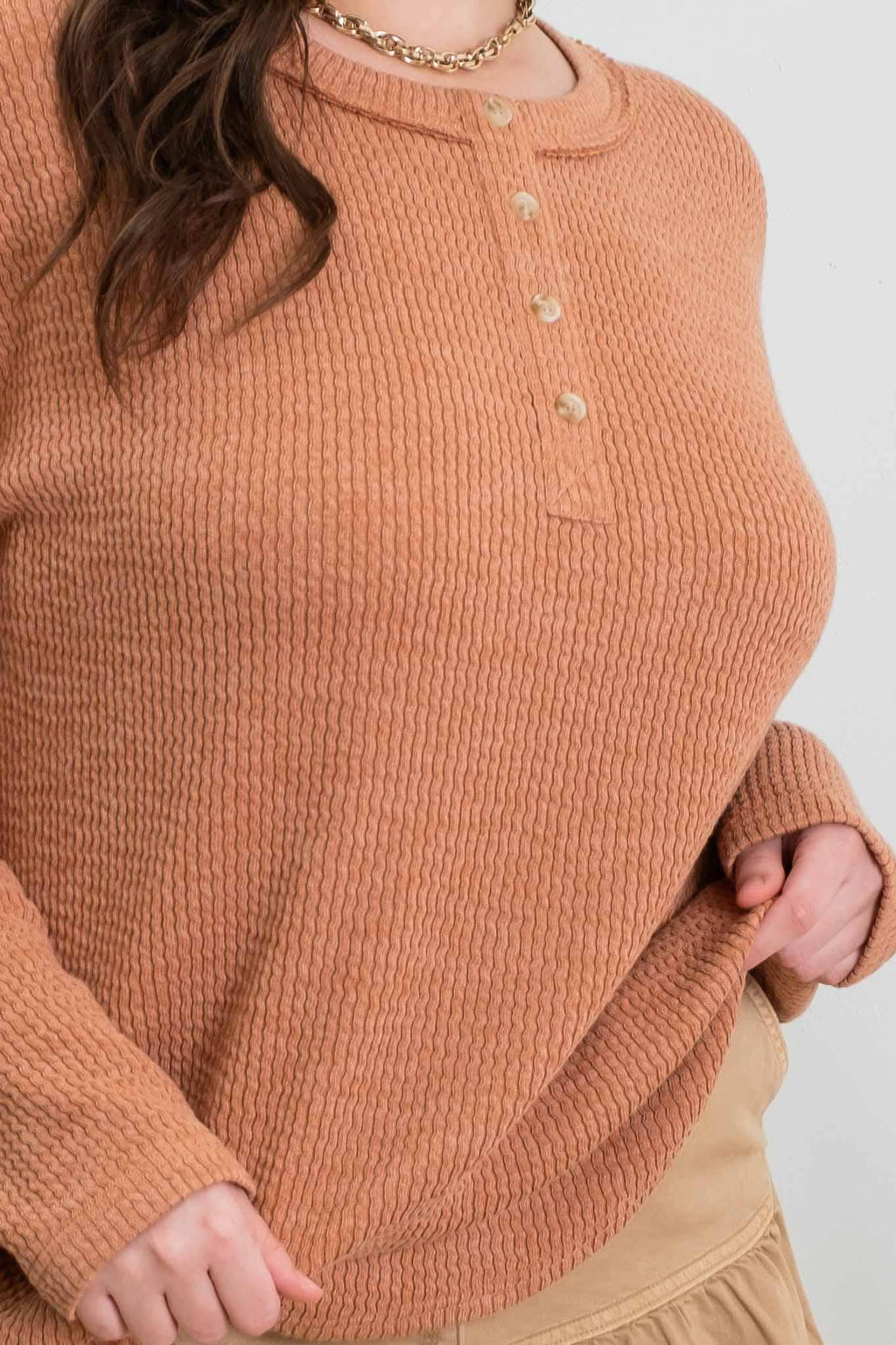 Plus Size Terracotta Waffle Knit Henley Top