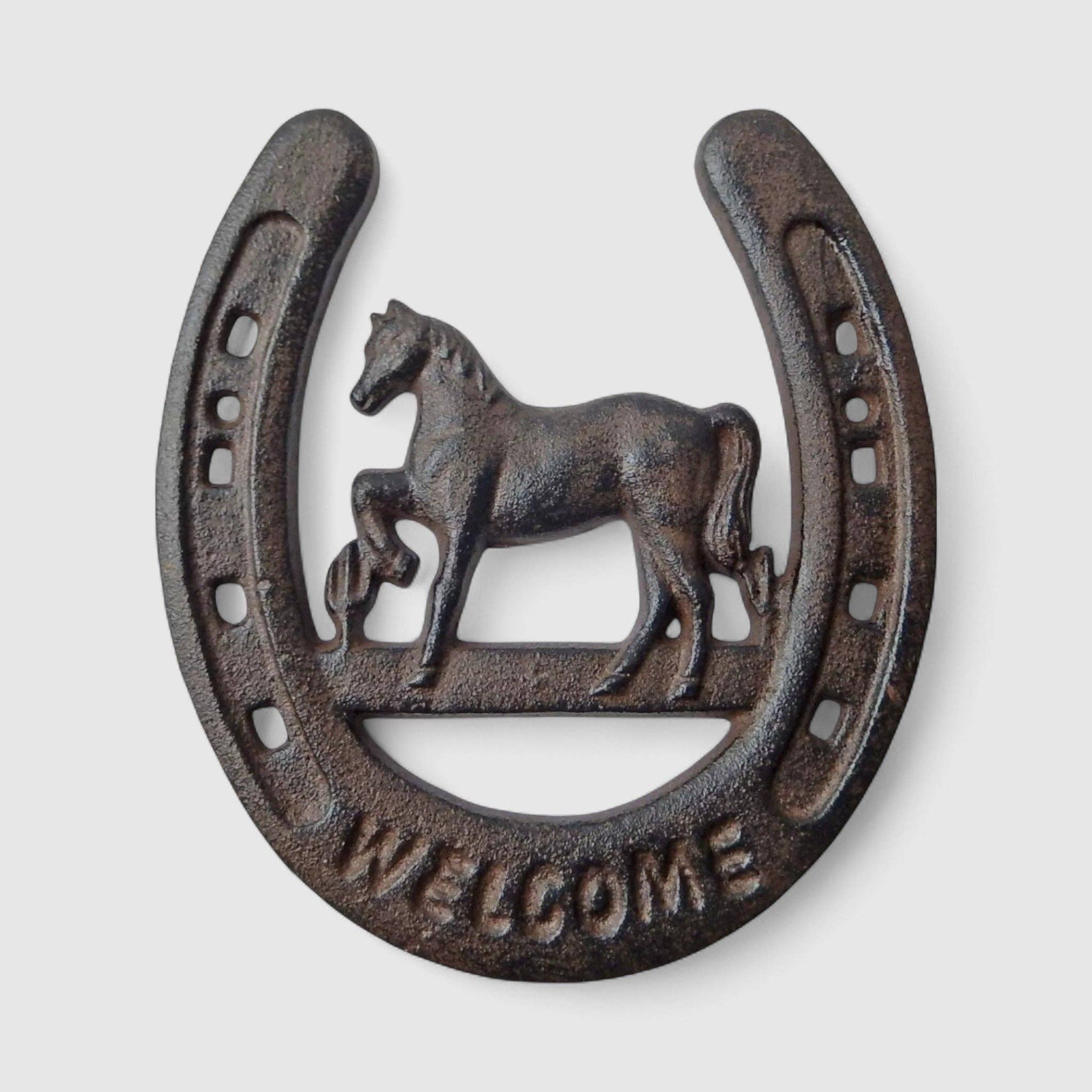 Horseshoe Welcome Sign with Horse – Cast Iron Western Ranch Wall Décor, 7.3"
