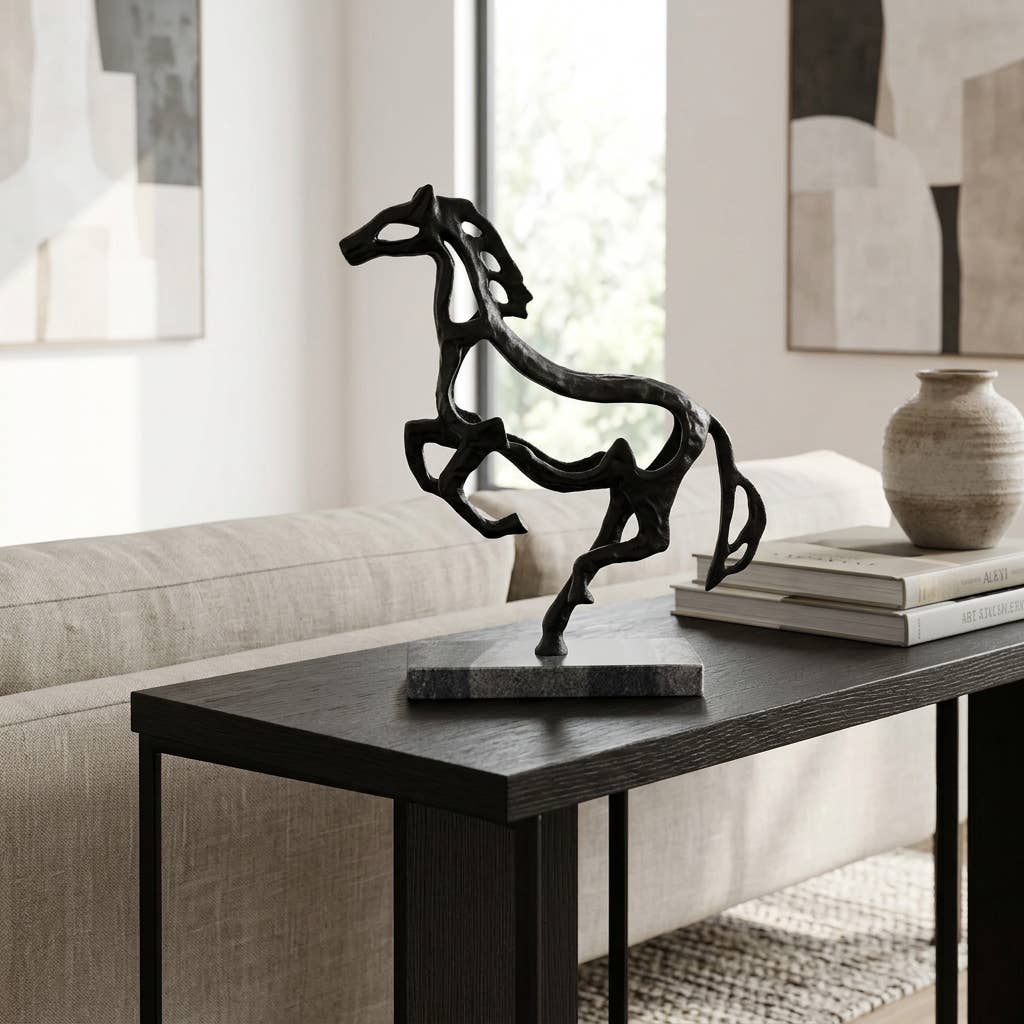 Black Galloping Horse Sculpture on Stone Base – 14"