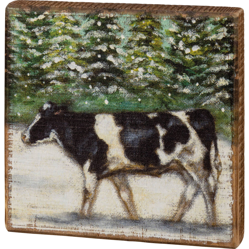 Winter Cow Wooden Block Sign