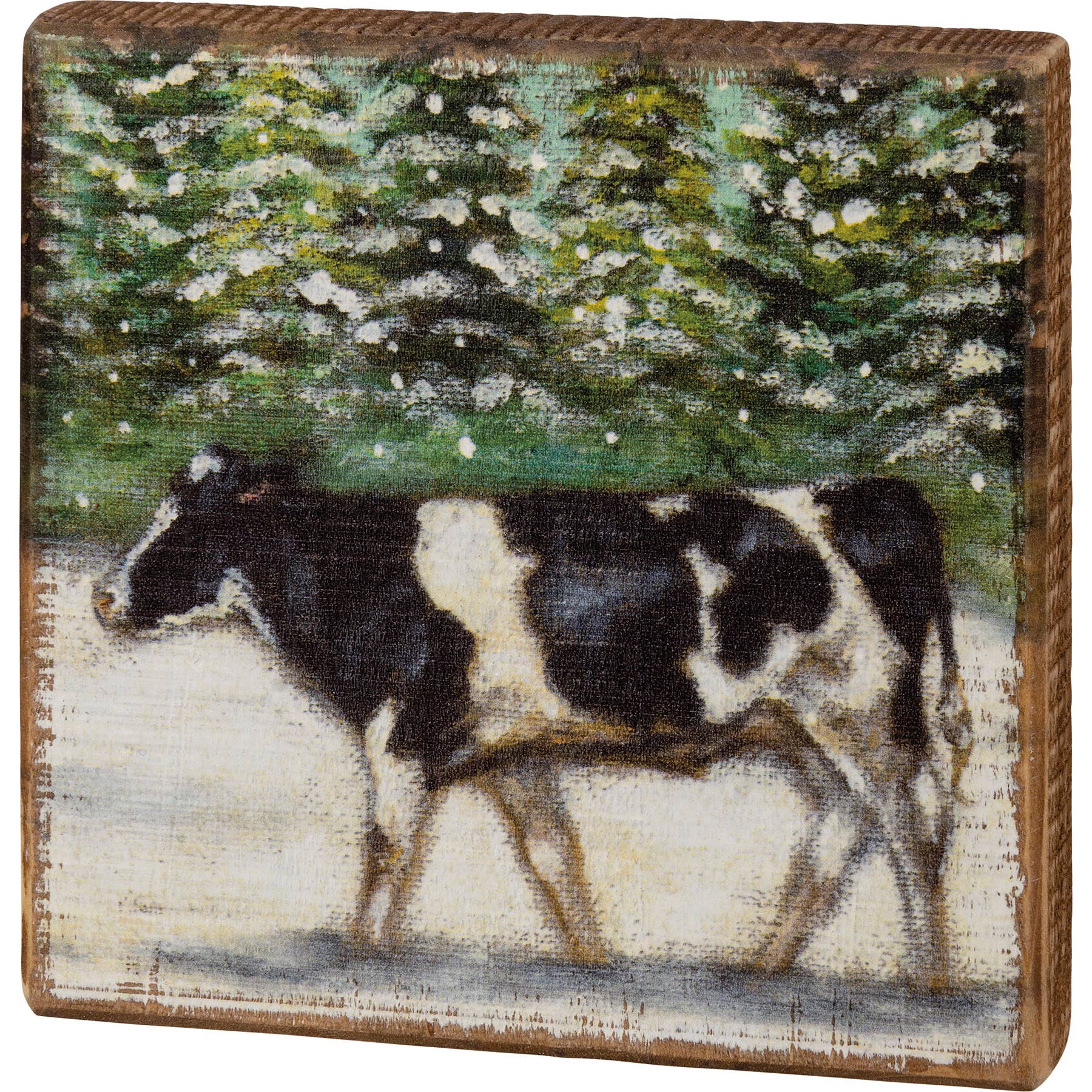 Winter Cow Wooden Block Sign