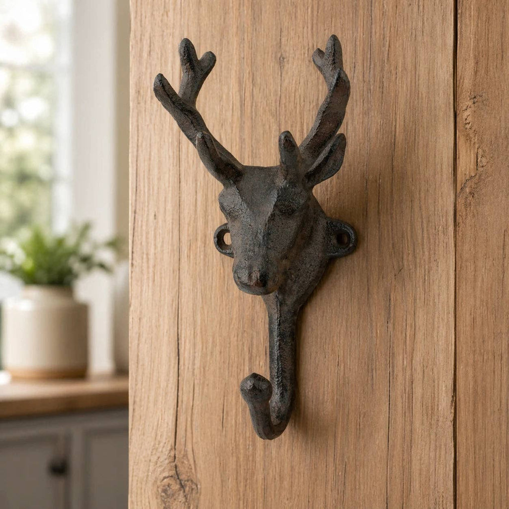 Cast Iron Deer Head Wall Hook – Rustic Lodge Coat, Hat & Key Hook, 6.4"