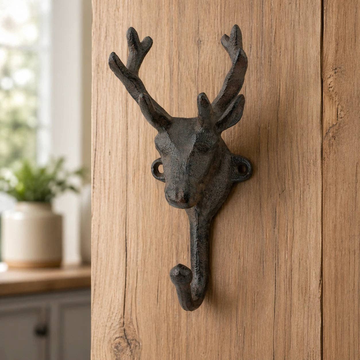Cast Iron Deer Head Wall Hook – Rustic Lodge Coat, Hat & Key Hook, 6.4"