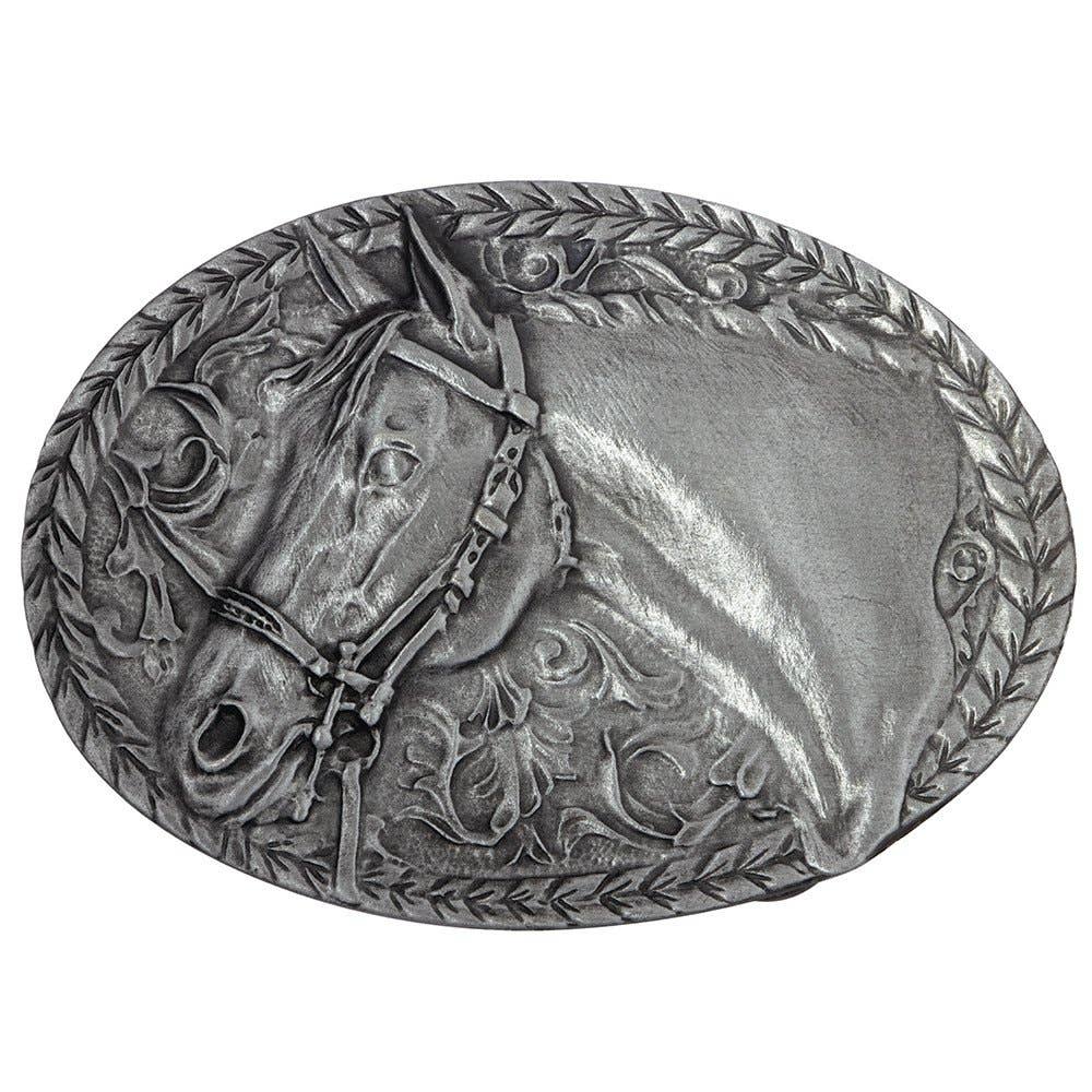 USA-Made Horse Head Filigree Belt Buckle