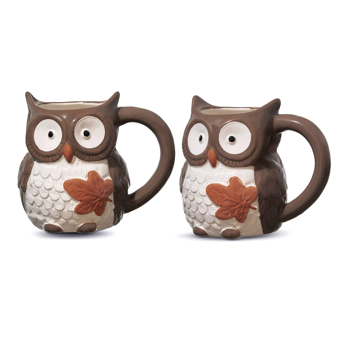 Woodland Owl Ceramic Coffee Mugs – Autumn Leaf Design, Set of 2