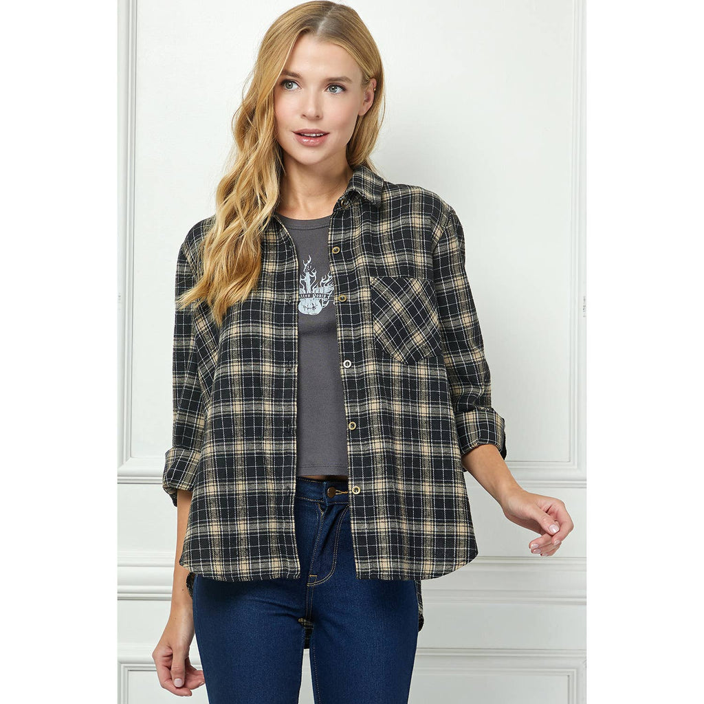 Black & Tan Plaid Roll-Sleeve Flannel Shirt