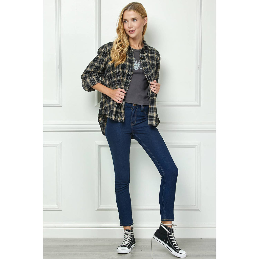 Black & Tan Plaid Roll-Sleeve Flannel Shirt