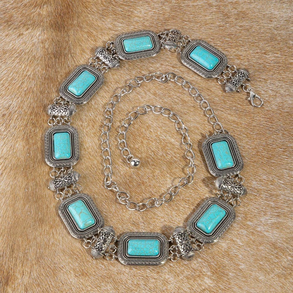 Rectangle Turquoise Stone Western Concho Chain Belt