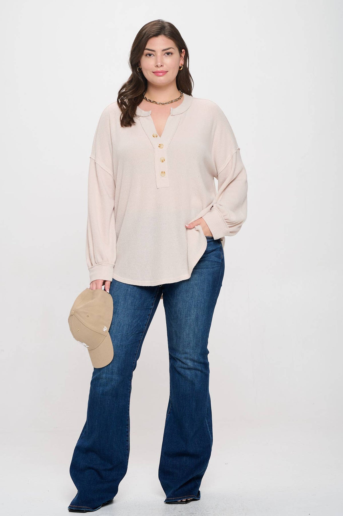 Plus Size Oatmeal Relaxed Henley Top