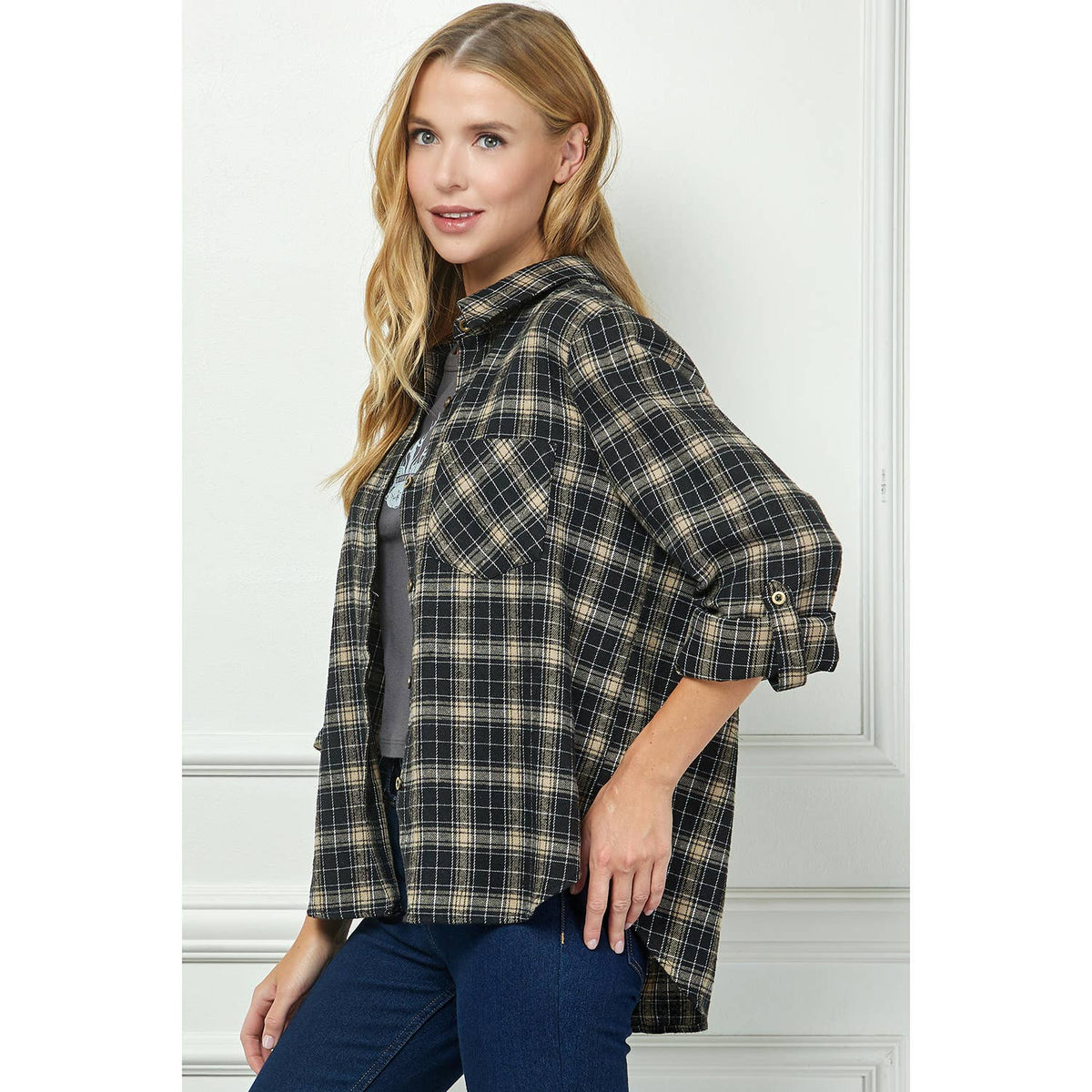 Black & Tan Plaid Roll-Sleeve Flannel Shirt