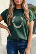 Women's Western Horseshoe Short Sleeve Knit Sweater – Blackish Green