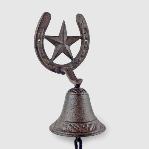 Cast Iron Horseshoe Star Doorbell – Rustic Farmhouse Porch Bell, Western Country Entryway Décor, 9.8"
