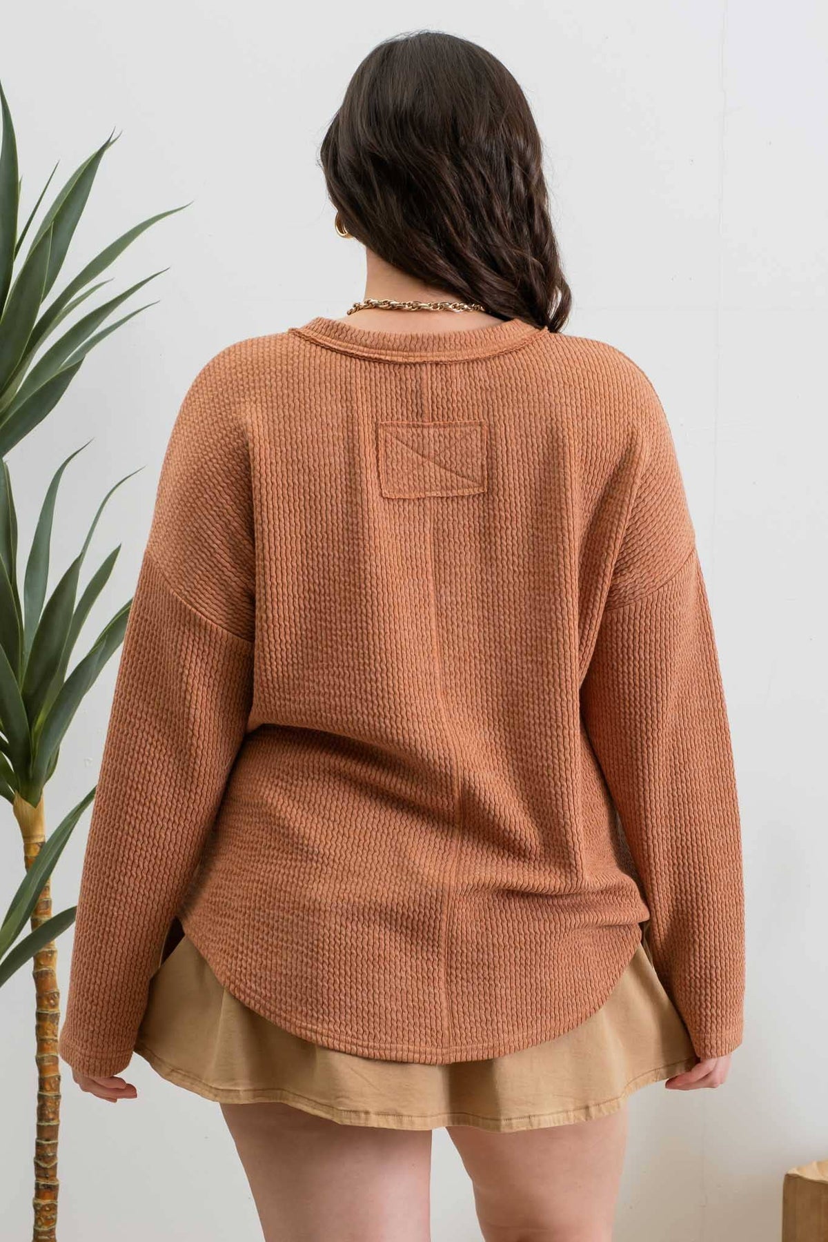 Plus Size Terracotta Waffle Knit Henley Top