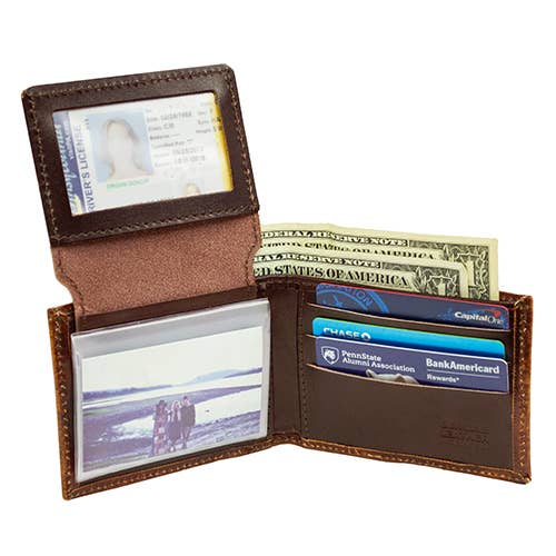 USA-Made Antiqued Leather Bifold Wallet with Horse Heads
