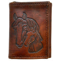 USA-Made Antiqued Leather Trifold Wallet with Horse Design