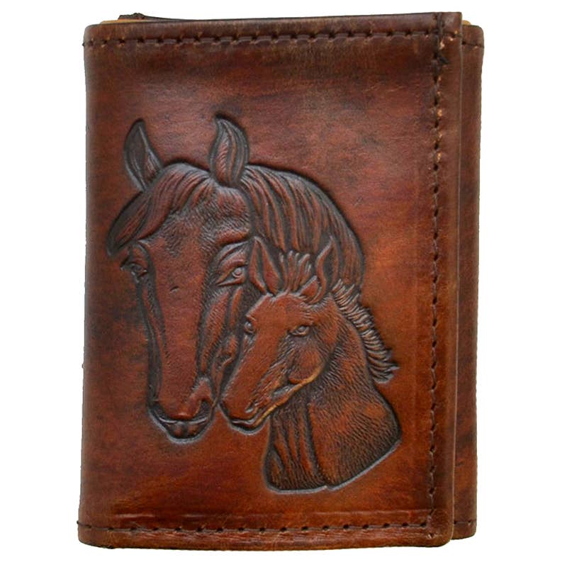 USA-Made Antiqued Leather Trifold Wallet with Horse Design