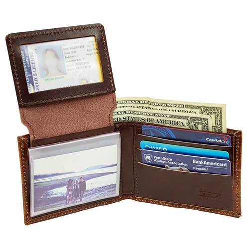 USA-Made Antiqued Leather Bifold Wallet with Eagle Emboss
