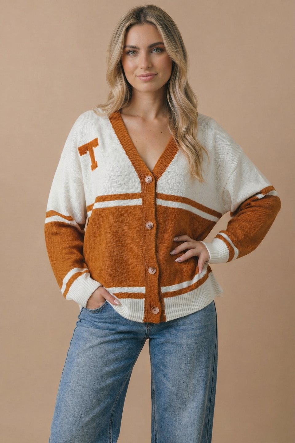 Varsity Colorblock Button-Down Knit Cardigan