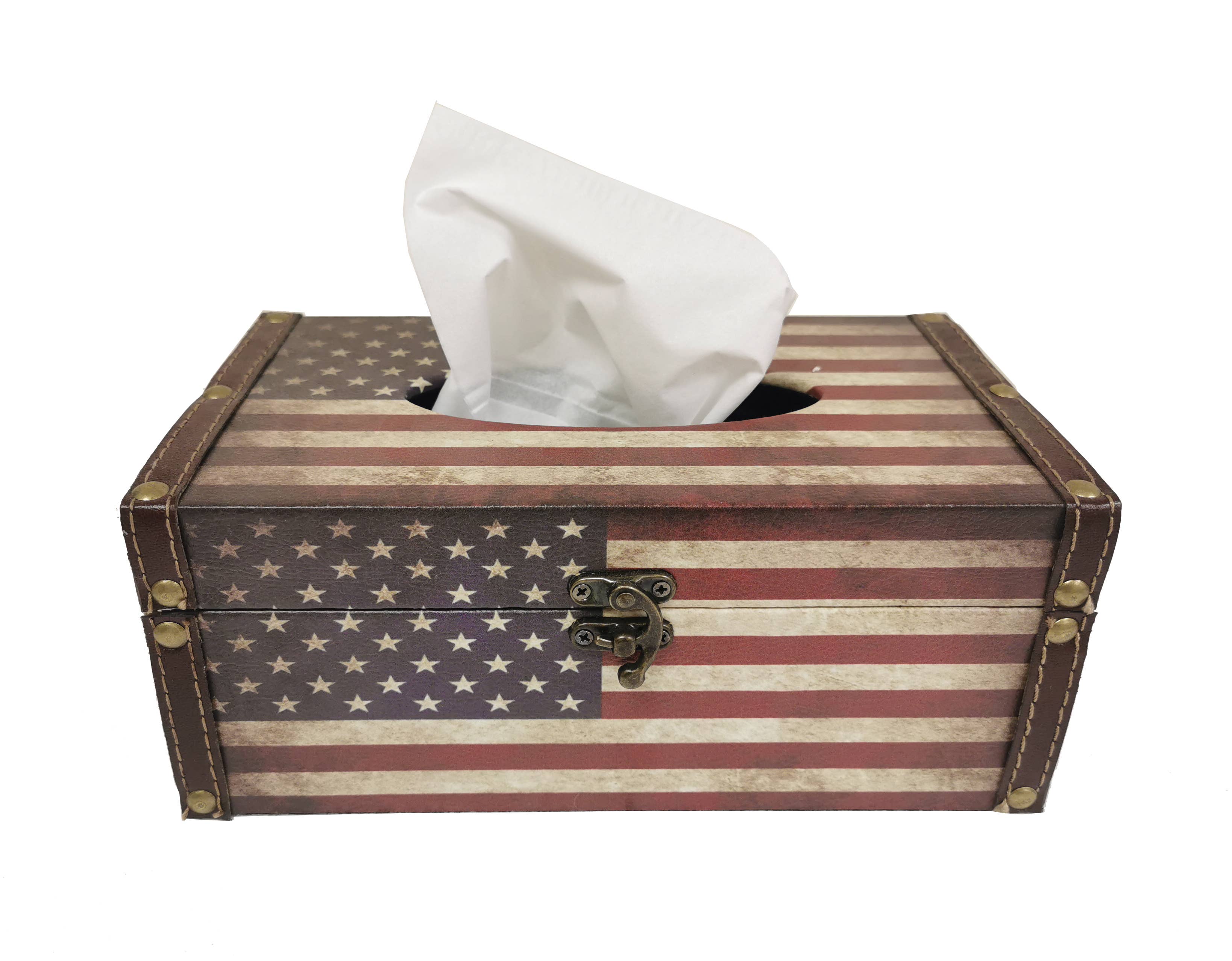 American Flag Wooden Tissue Box Cover – Rustic Patriotic Decorative Tissue Holder
