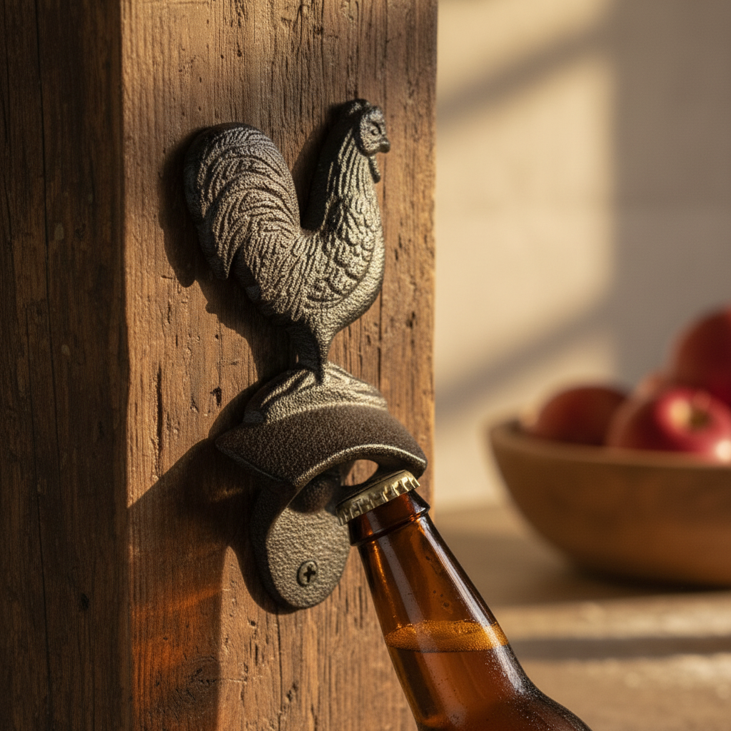 Cast Iron Rooster Bottle Opener – Rustic Farmhouse Wall-Mounted Bar Tool, 3.1"