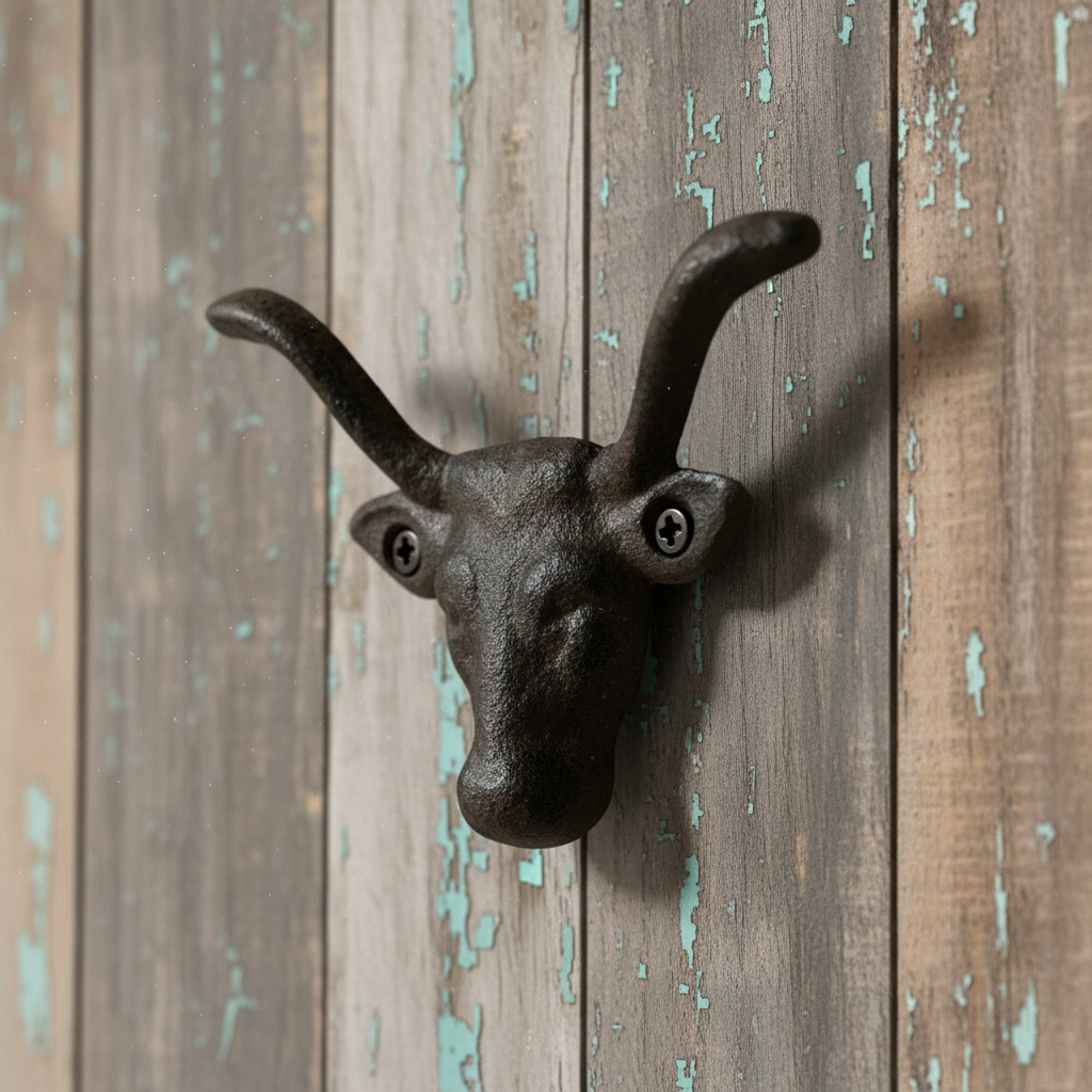Cast Iron Bull Head Wall Hook – Western Ranch Coat, Hat & Key Hook, 3.5"