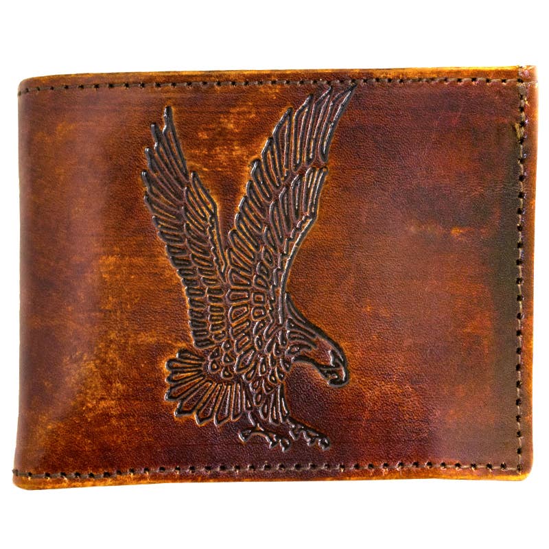 USA-Made Antiqued Leather Bifold Wallet with Eagle Emboss