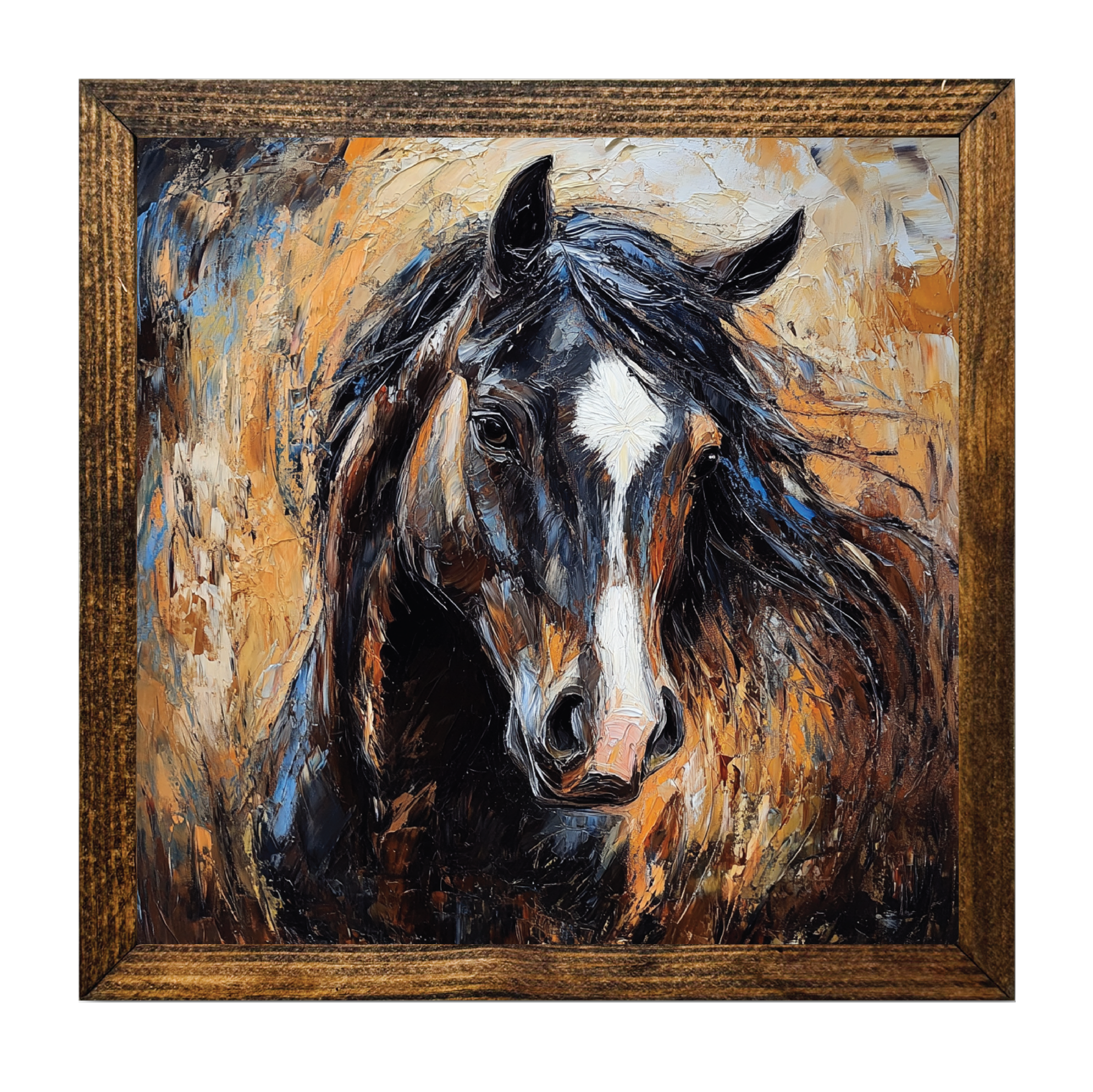 Timberland Horse Palette Knife Wall Art – Rustic Framed Horse Decor (16" x 16")
