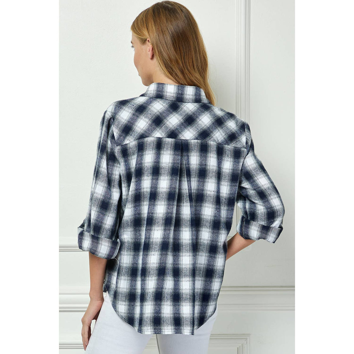 Navy Plaid Roll-Sleeve Flannel Shirt