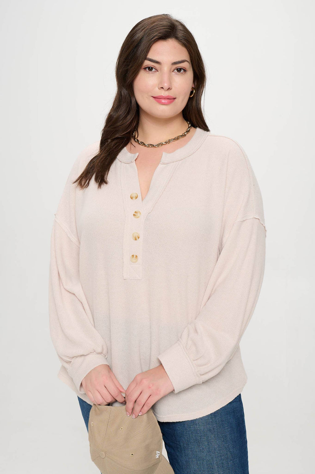 Plus Size Oatmeal Relaxed Henley Top