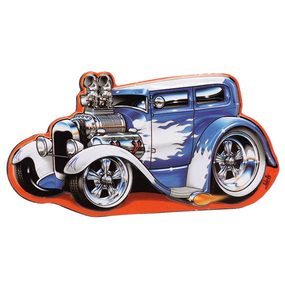 Blue Hot Rod Embossed Metal Magnet